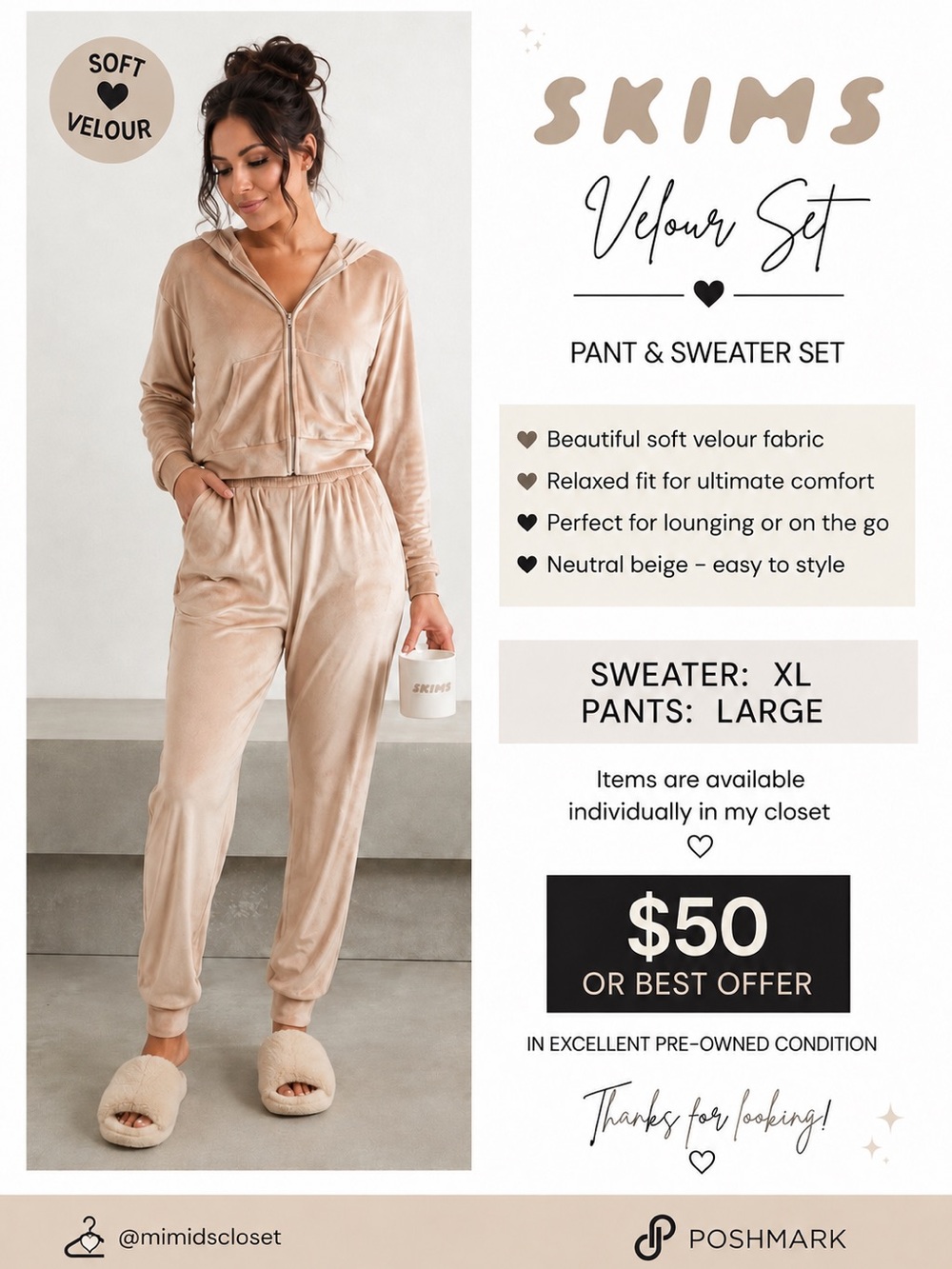 SKIMS Velour Hoodie & Jogger Pant Set Beige | XL/L
